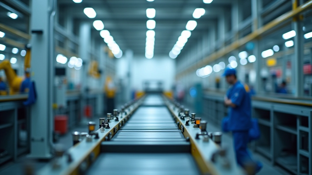 Fahrzeugfabrik mit Förderbändern und modernen Produktionsrobotern in Halleninterieur, Industrielicht