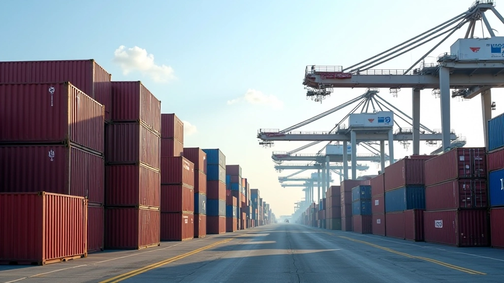 Hafenanlage mit gestapelten Containern und Containerbrücken bei Tagesansicht, maritime Industrie