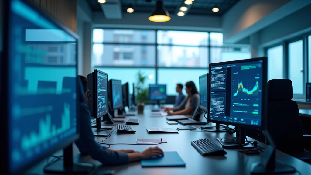 Modernes Statistikbüro mit Computern und Datenvisualisierungen an den Wänden, professionelle Arbeitsumgebung, helles Tageslicht